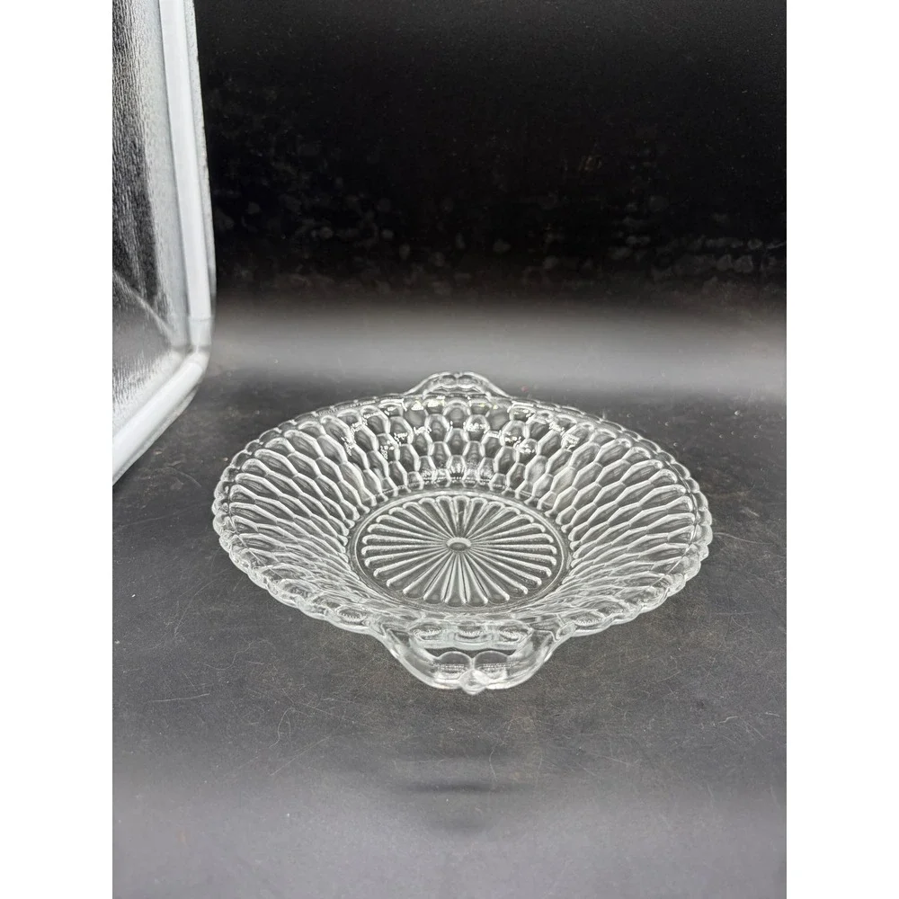 Vintage Clear Pressed Glass Honeycomb Bowl Scalloped Edge Double Handle 11 inch